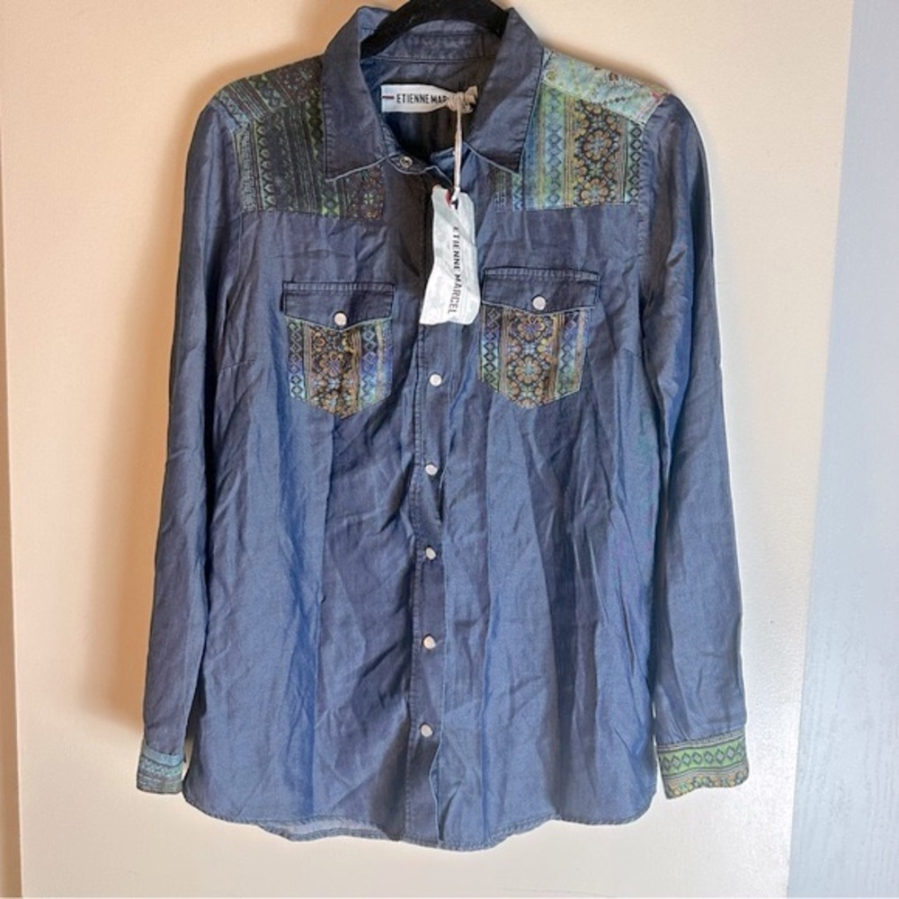 ETIENNE MARCEL Lyocell Viscose WoolChambray Western Floral Patchwork Shirt NWT M